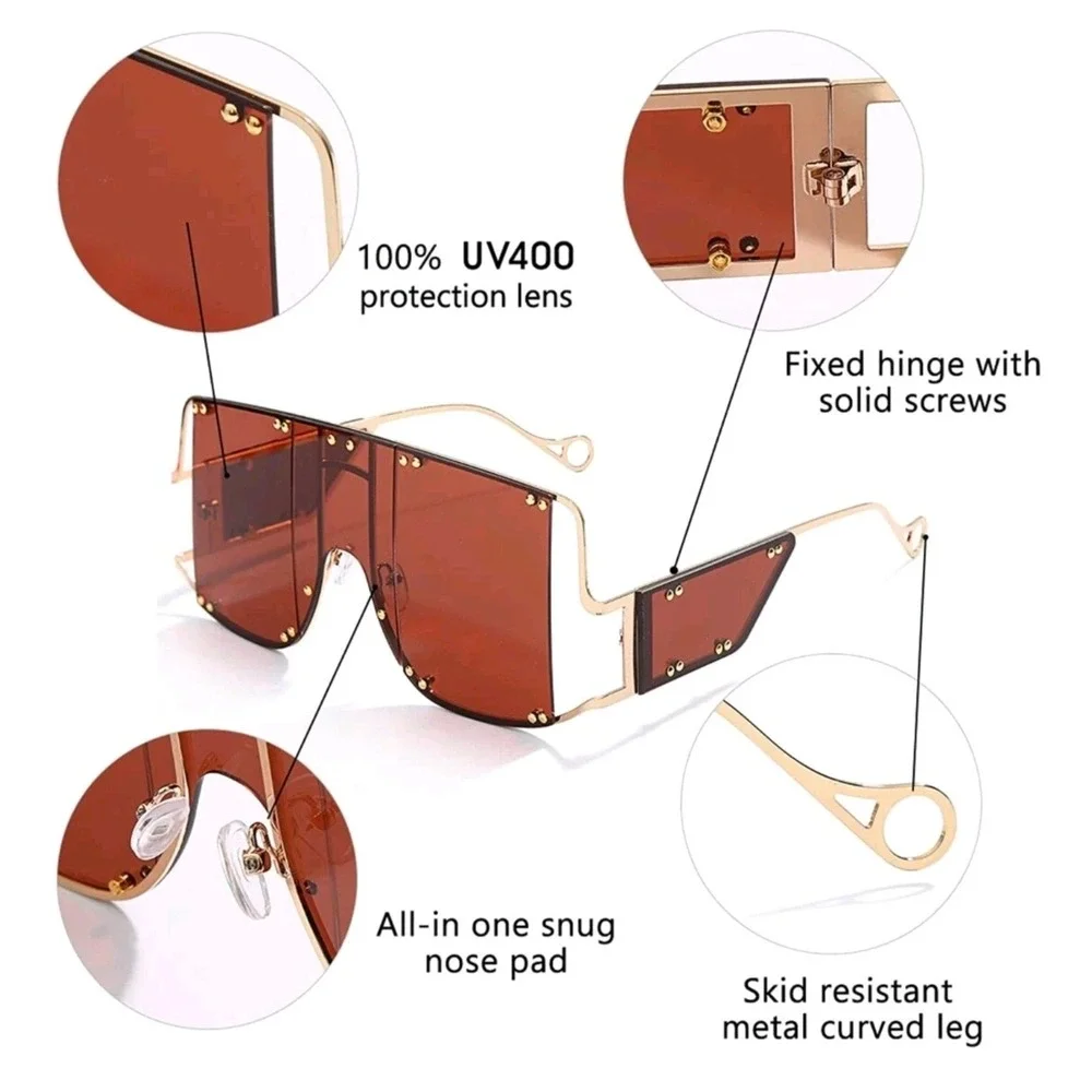Shield Sunglasses Womens OS Brown NEW Oversized Gold Rivet Rimless Flat Top